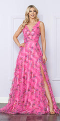 Nox Anabel E1445 Long A-Line V-Neck Floral Print Evening Gown
