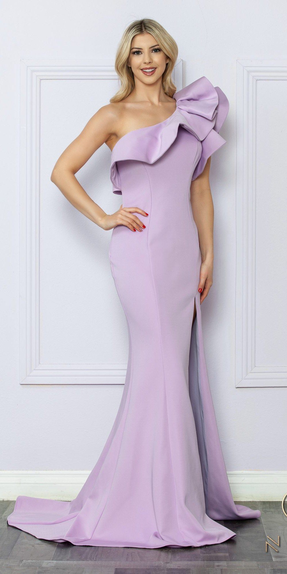 Nox Anabel E467 Long Sheath One Shoulder Ruffle Overlay Strap Gown