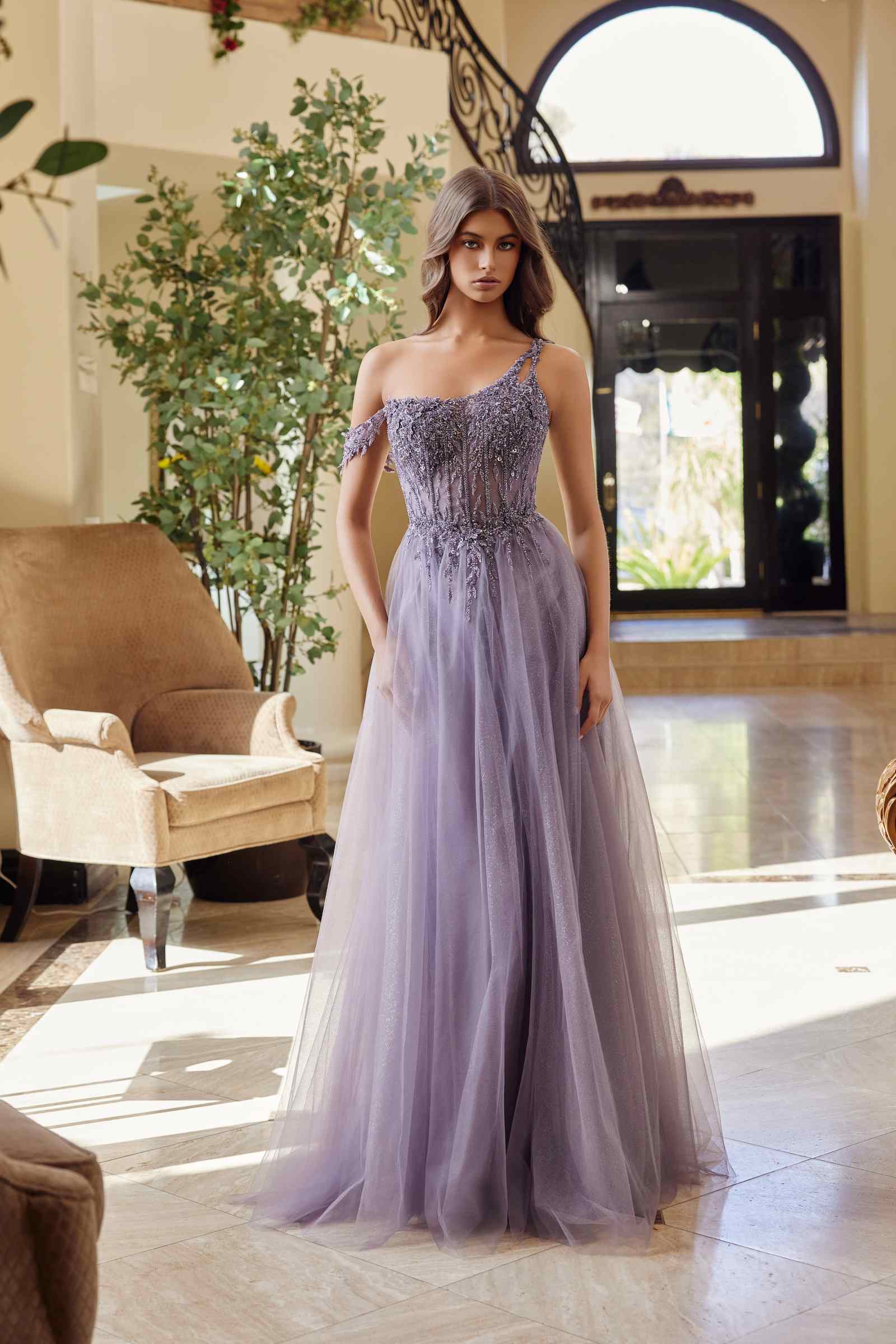 Nox Anabel F1567 Embroidered A-Line Sheer Boned Waistline Dress