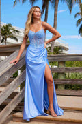Nox Anabel F1570 Long Satin Dress Sheer Boned Waistline Fully Beaded Top