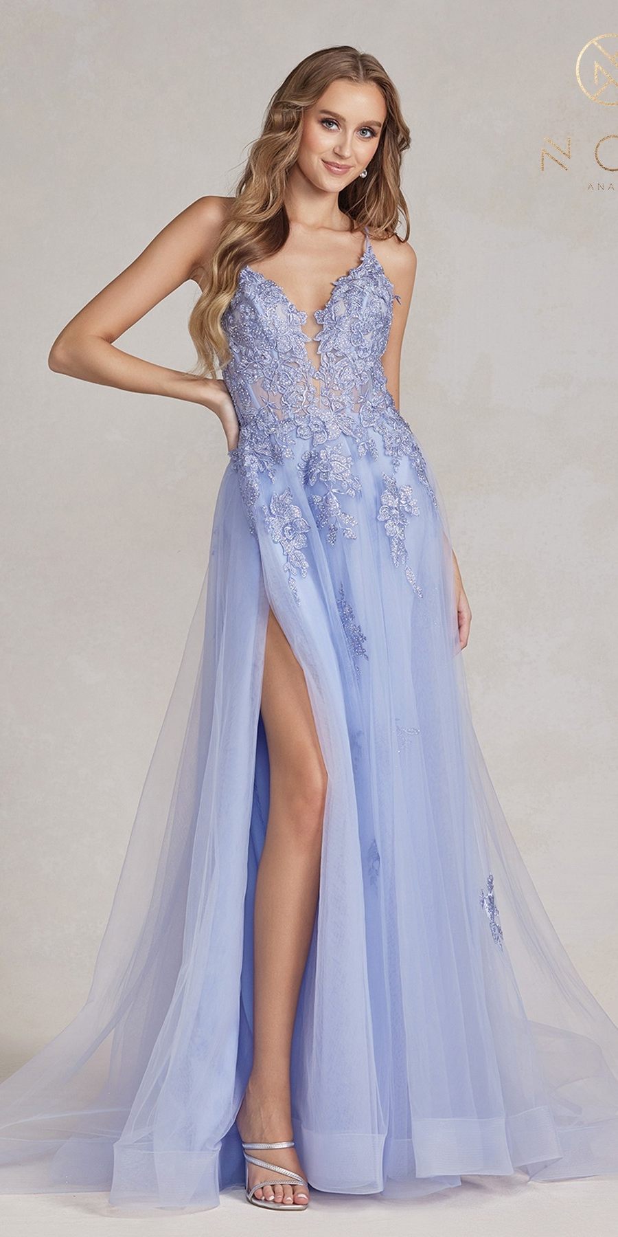 Nox Anabel G1149 Floor Length A-Line Tulle Gown with Slit