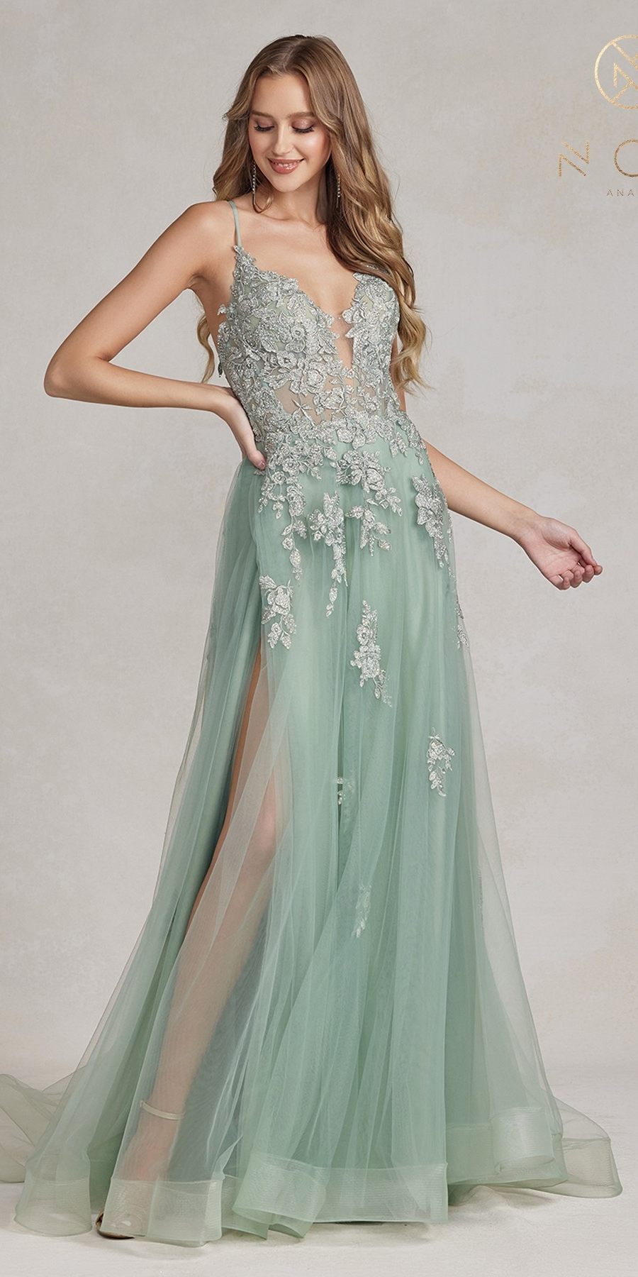Nox Anabel G1149 Floor Length A-Line Tulle Gown with Slit