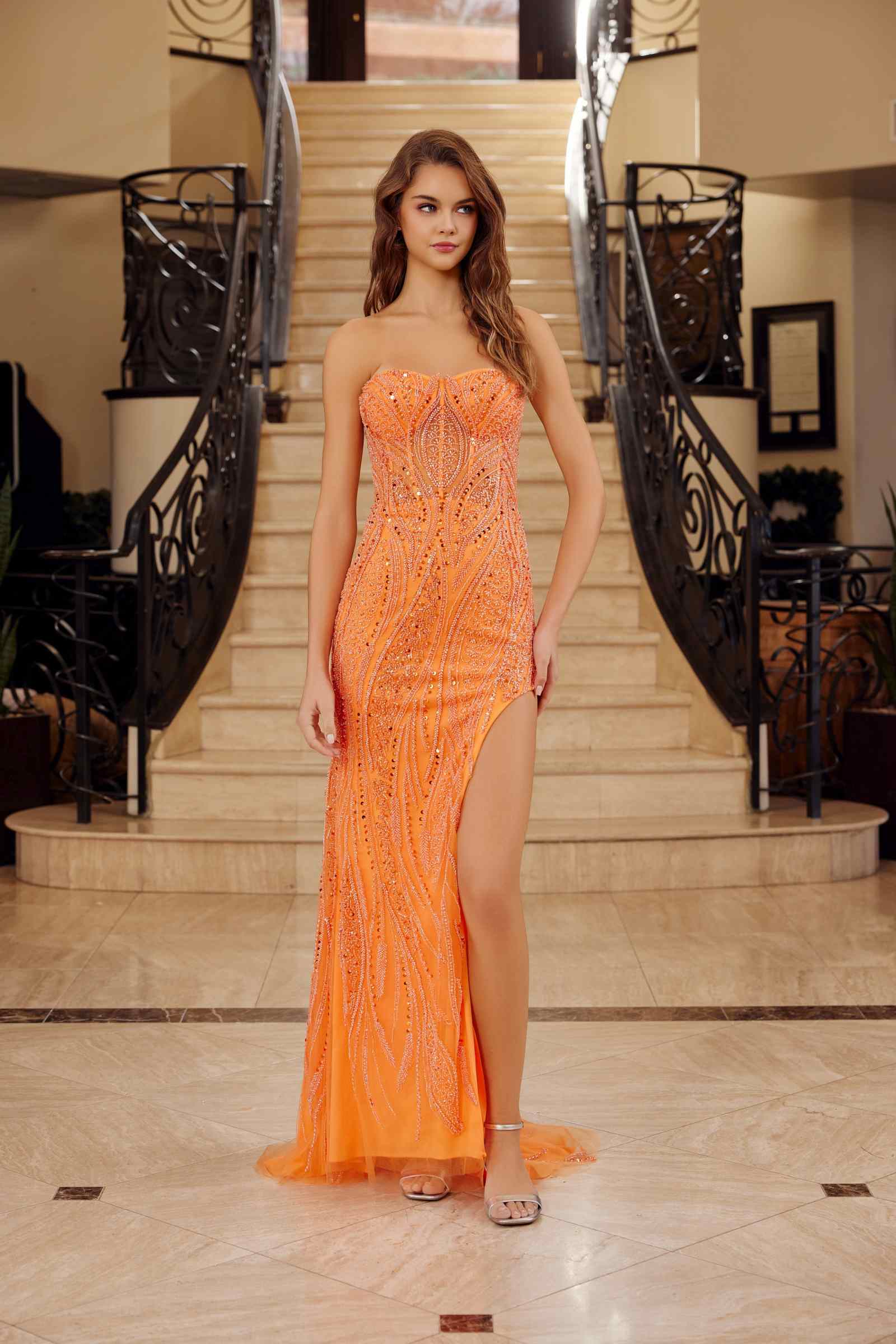 Nox Anabel G1650 Strapless Dress With A Semi-Sweetheart Top Embroidery - Slit