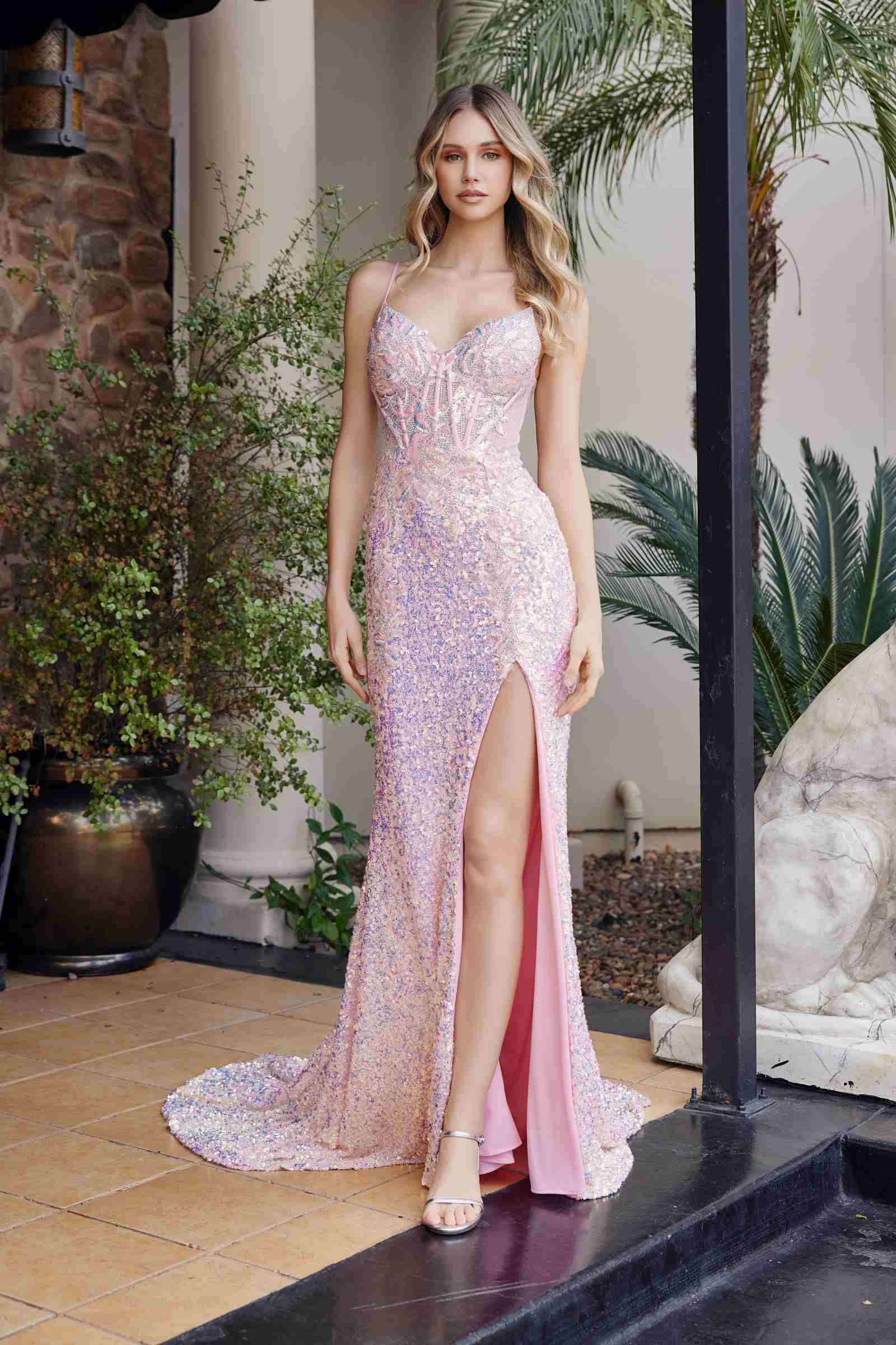 Nox Anabel G1655 Lace-Up Sequin Sheer Boned Waistline Dress