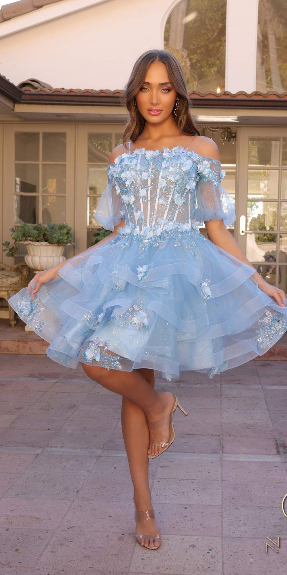 Nox Anabel H1360 Off the Shoulder 3D Floral A-Line Gown Removable Skirt