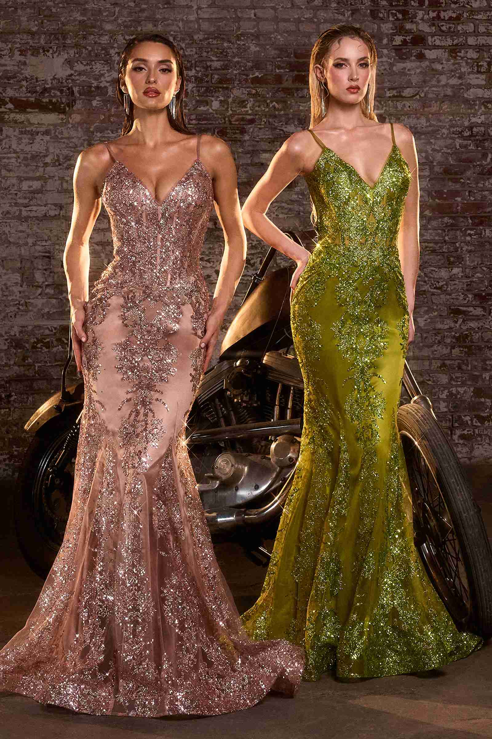Cinderella Divine J810 Long Fitted Mermaid Gown Metallic Embroidered Lace