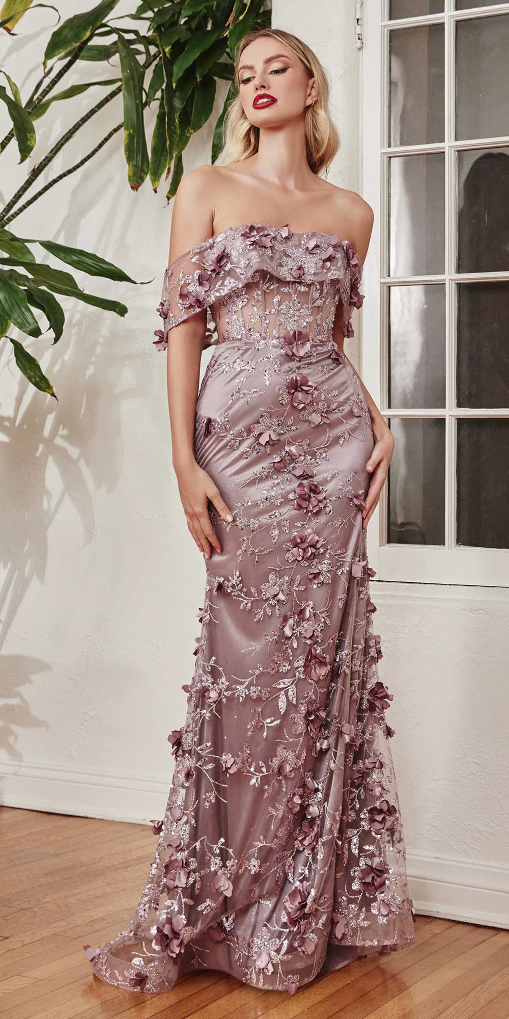 Ladivine J832 Long Floral Print Fitted Off the Shoulder Gown with Slit