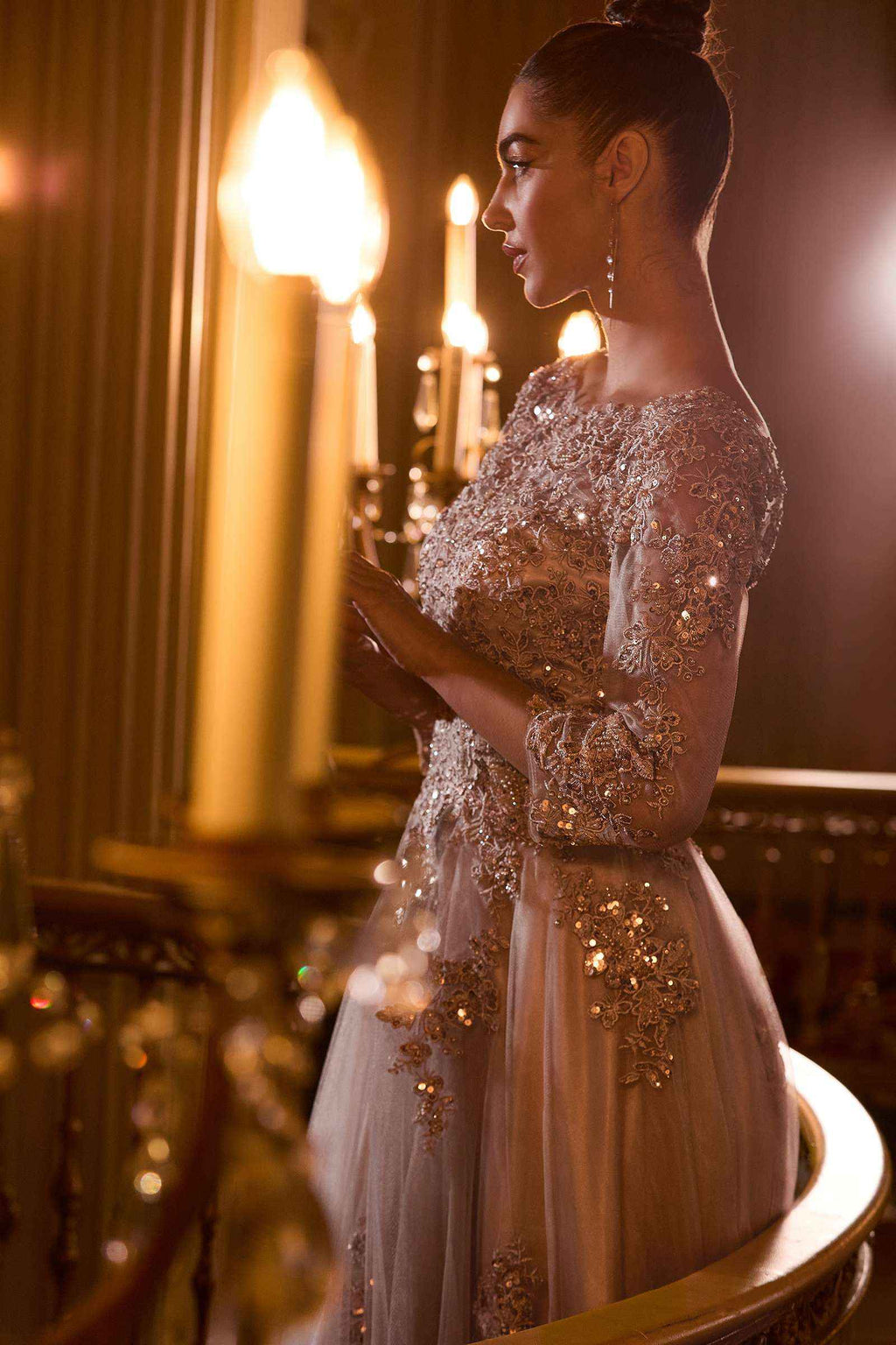 Ladivine J883W Wedding A-Line Ball Gown Long Sleeves Lace Applique