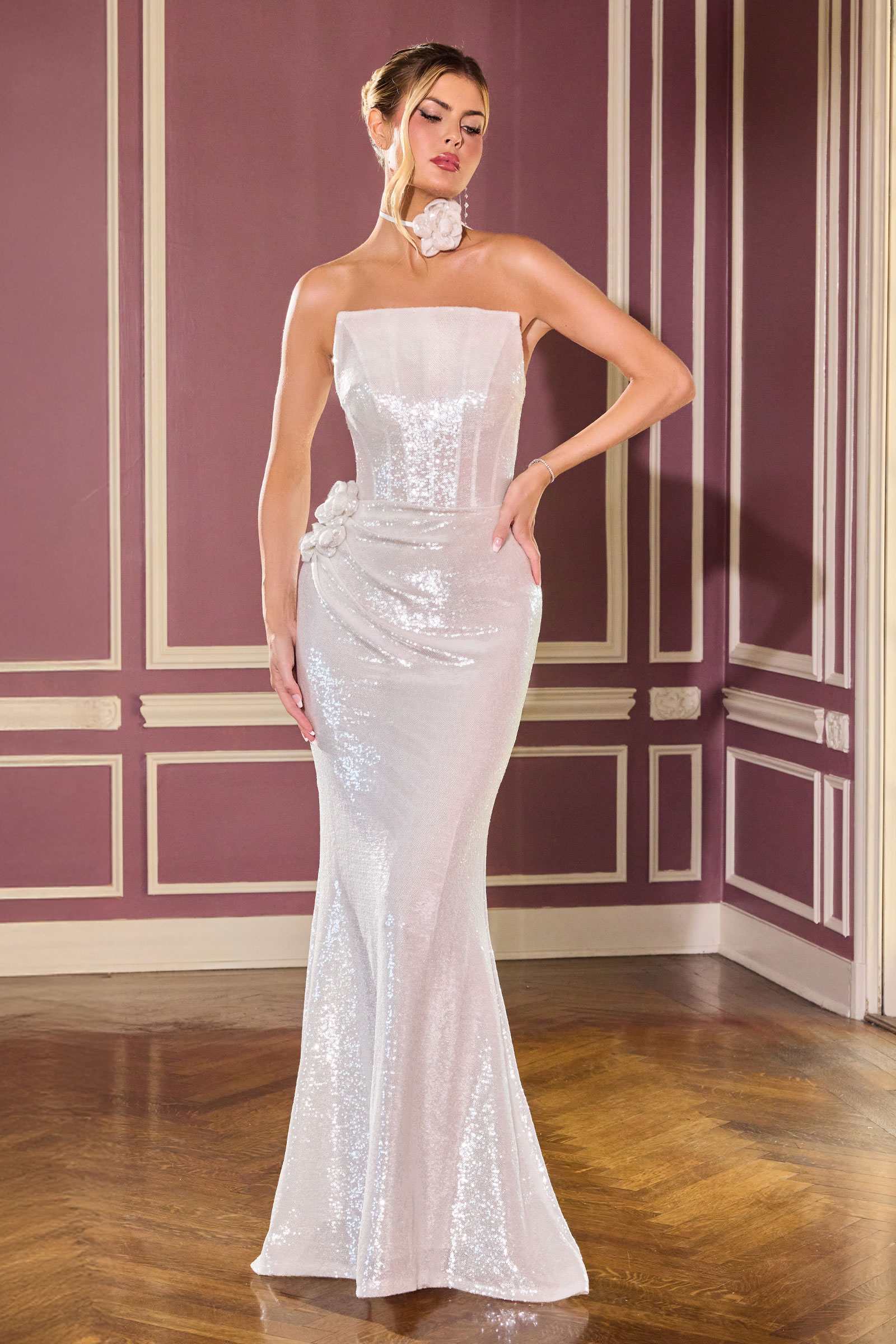 Ladivine J905 Sleek Strapless Sequin Side Illusion Modern Fitted Gown