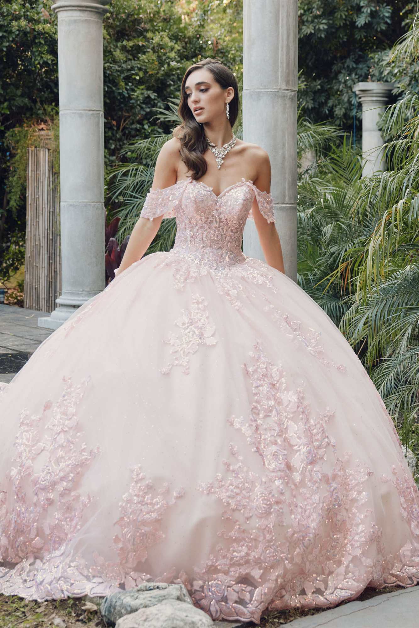 Juliet JT1458J Off the Shoulder Draped Sleeve Cathedral Train Quince Dress