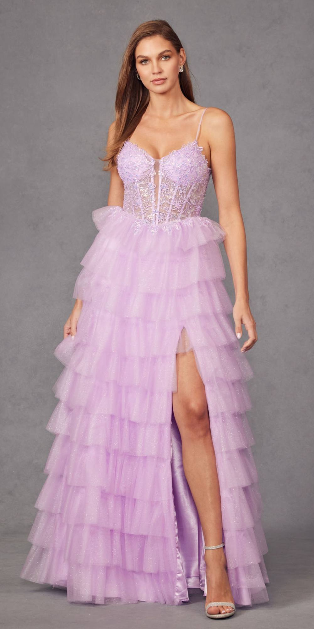 Juliet JT2458A Long Ruffle Tulle A-Line Ball Gown Bustier Bodice Thin Straps