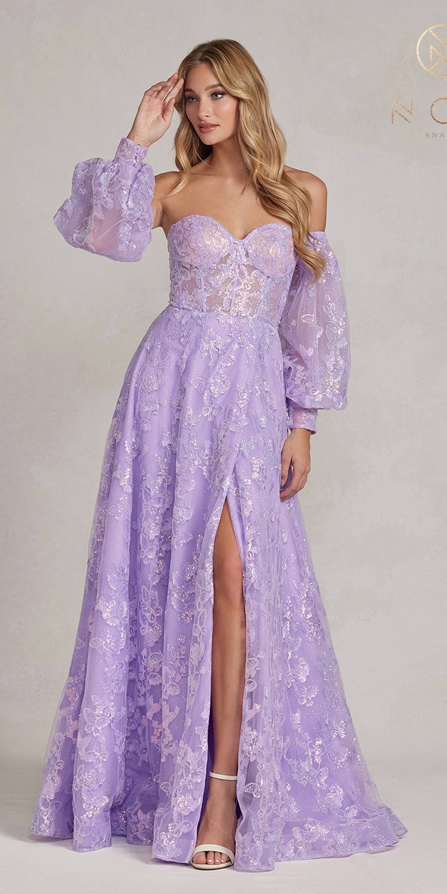 Nox Anabel K1155 Floor Length Butterfly Puff Sleeve Gown