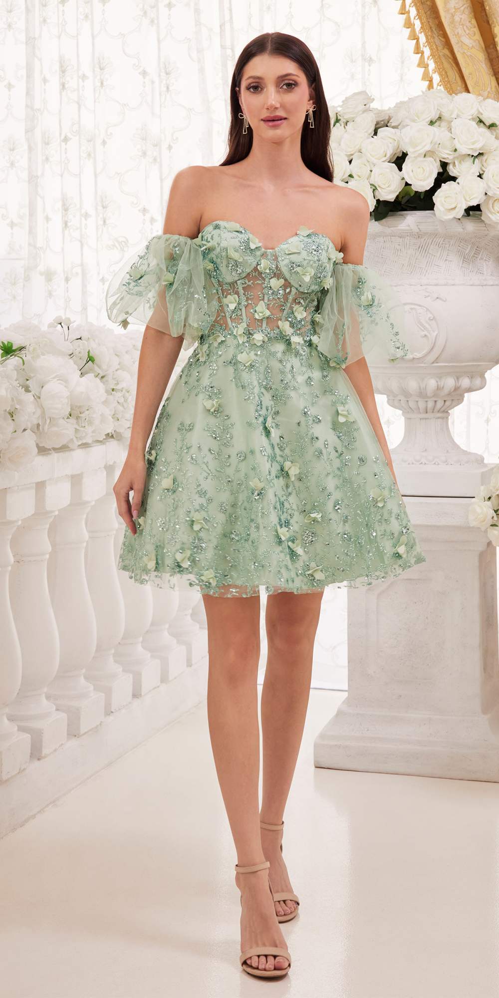 Ladivine KV1089 Short Floral Strapless A-Line Dress with Puff Sleeves