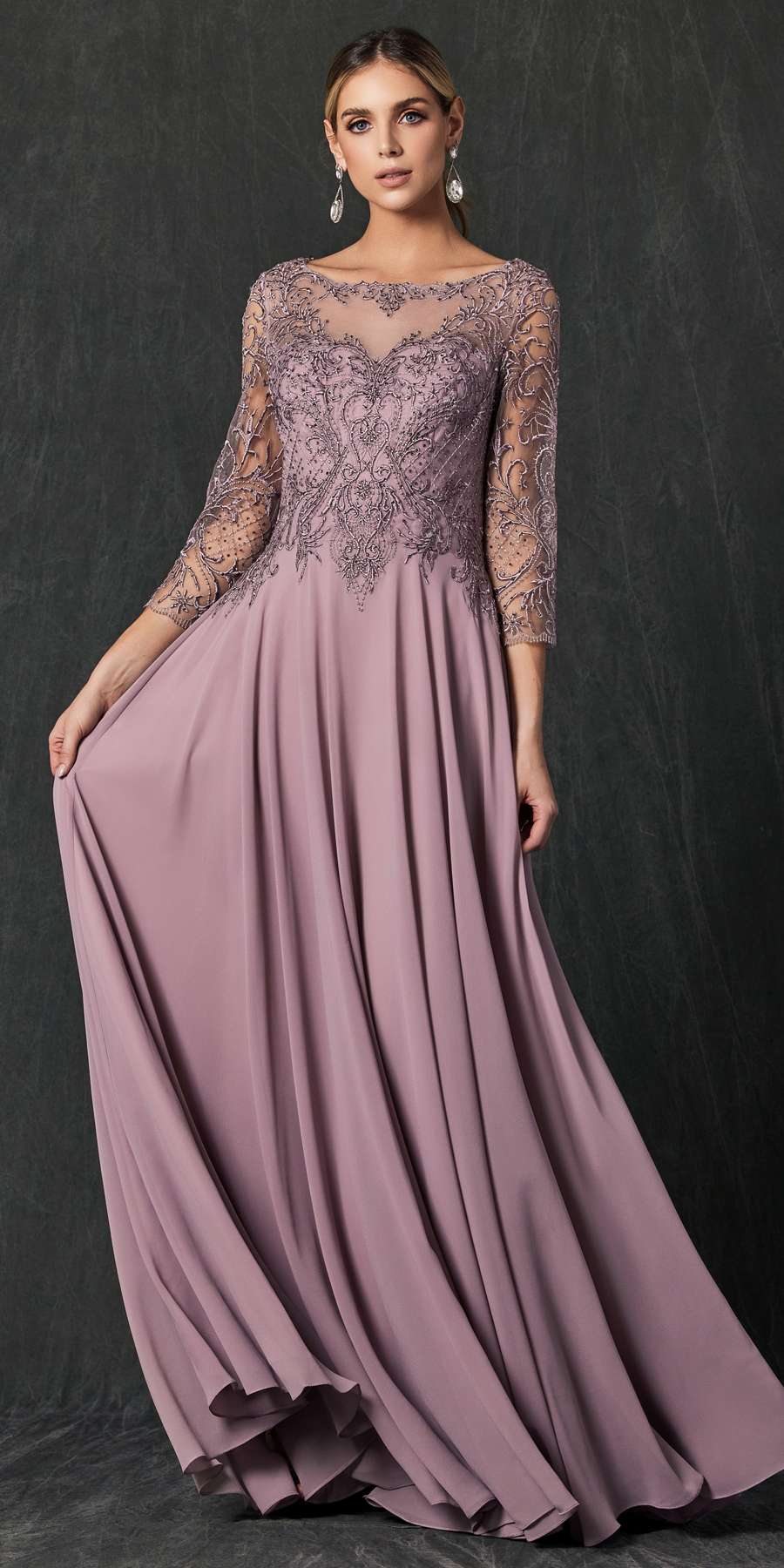 Juliet M11 Appliqued Long A-Line Dress Chiffon Quarter Sleeves
