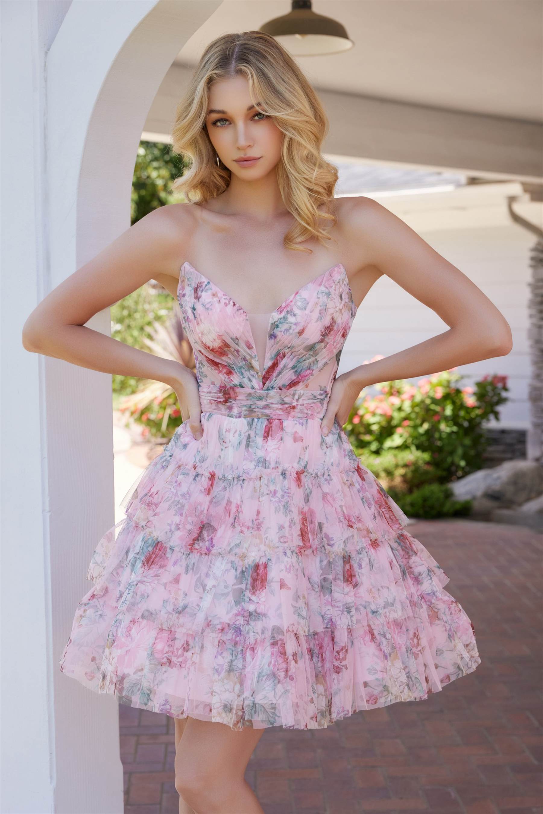 Nox Anabel M992 Chic and Graceful Strapless Flower Print Chiffon Dress