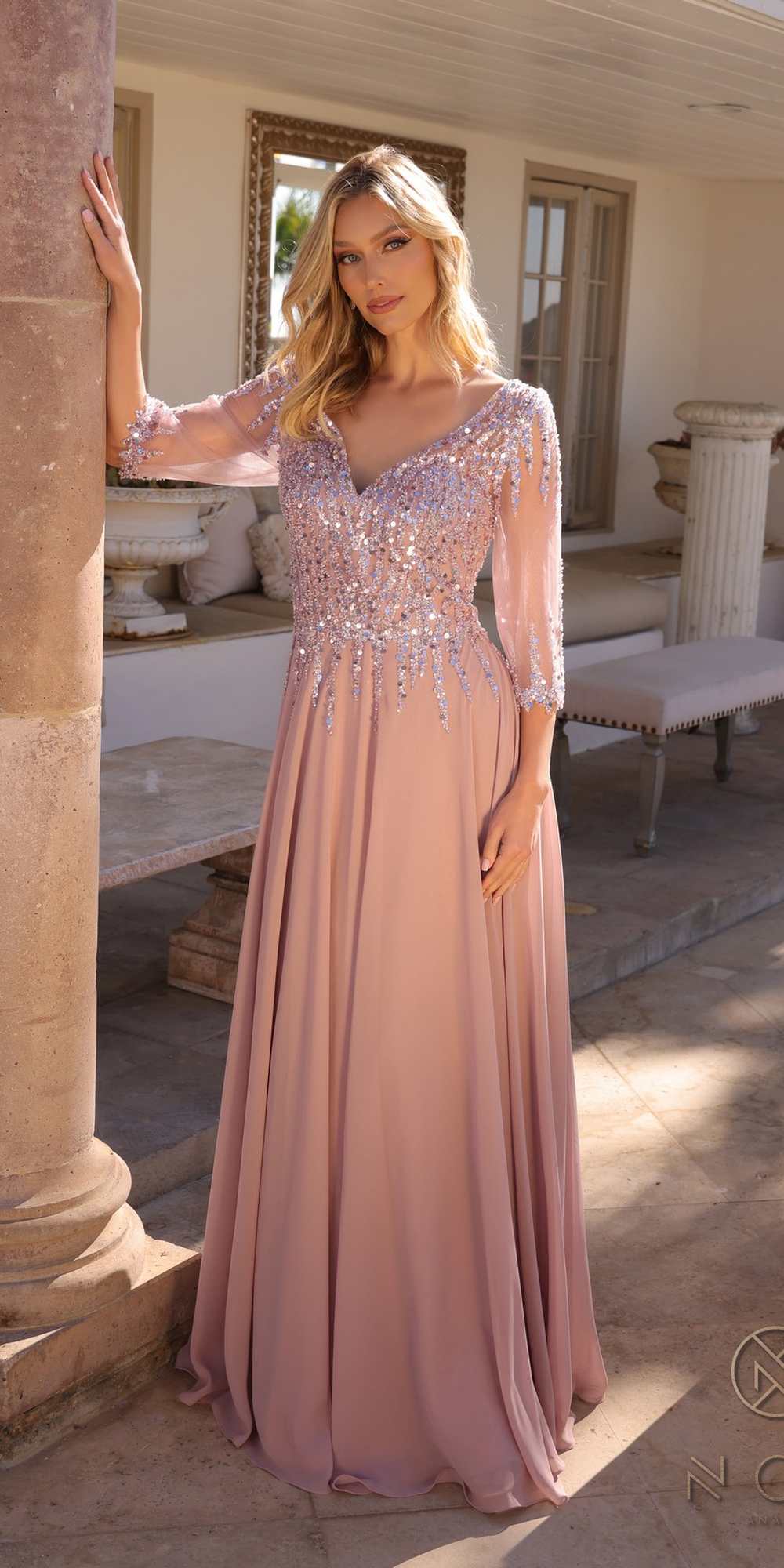Nox Anabel MF100 Long Sequin Bodice 3/4 Sleeve A-line Gown