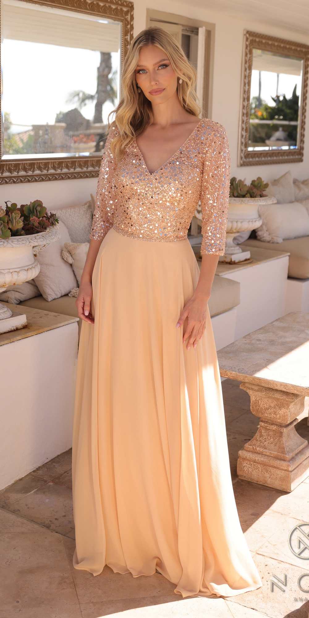 Nox Anabel MF103 Long Sequin Bodice 3/4 Sleeve A-line Gown