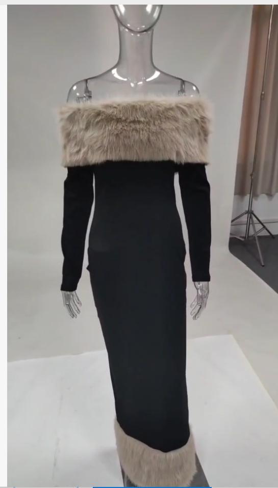 women's clothing autumn and winter fashion fur collar one-word collar long-sleeved temperament slim evening dress