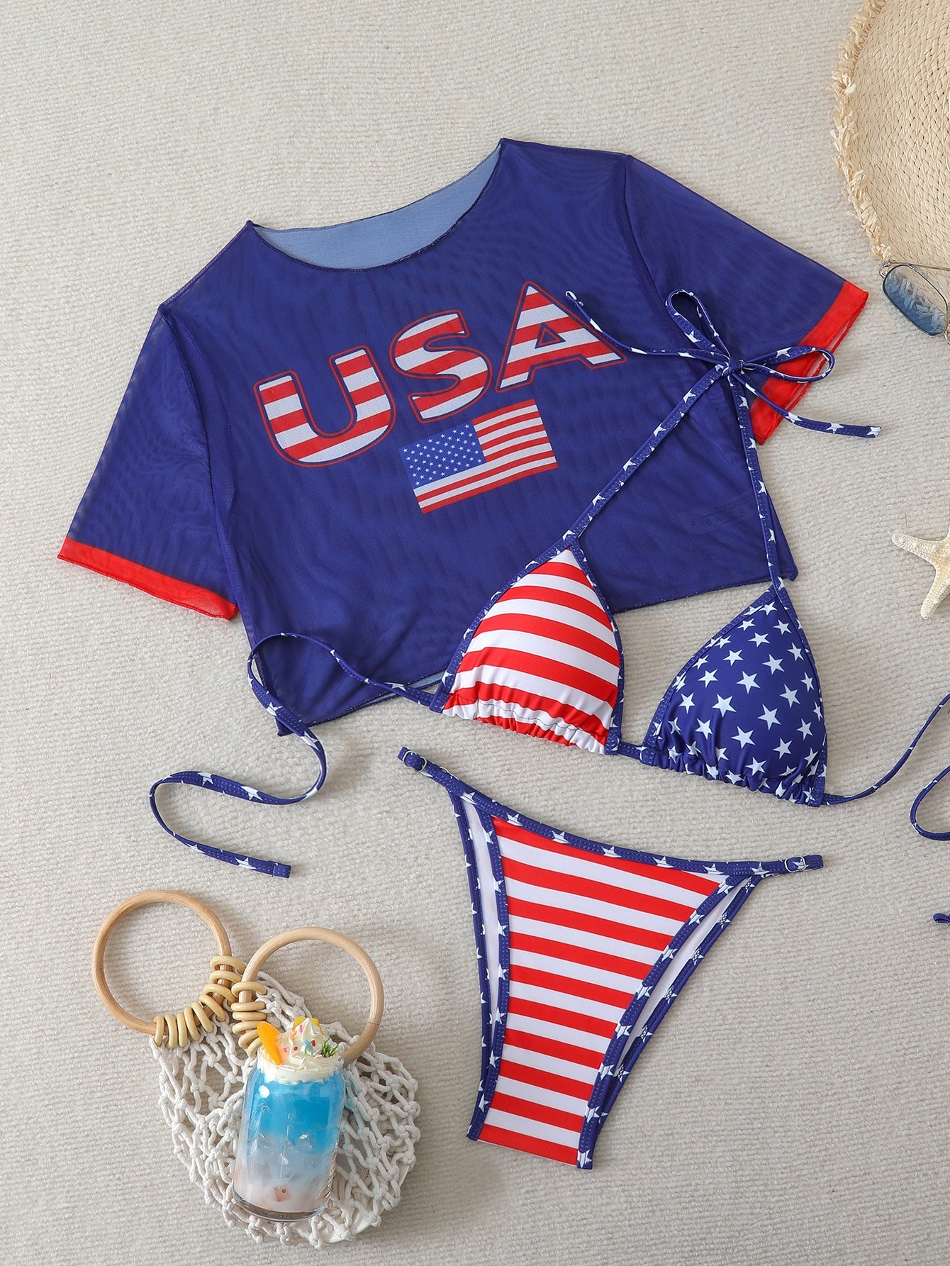Women's Short Sleeve Slim Fit Two-Piece Swimsuit with Positioning Print Sexy Bikini Three-Piece Set
