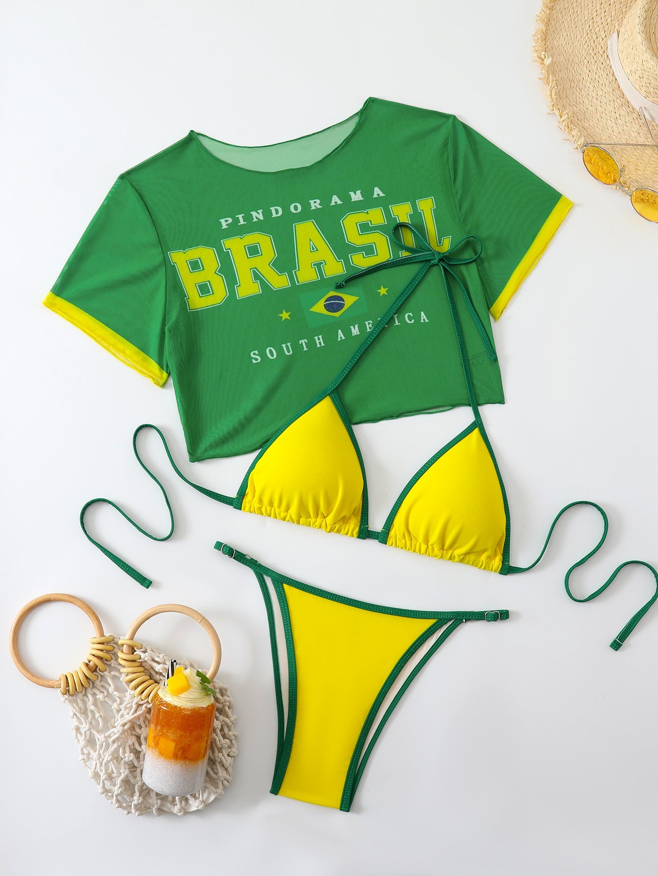 Women's Short Sleeve Slim Fit Two-Piece Swimsuit with Positioning Print Sexy Bikini Three-Piece Set