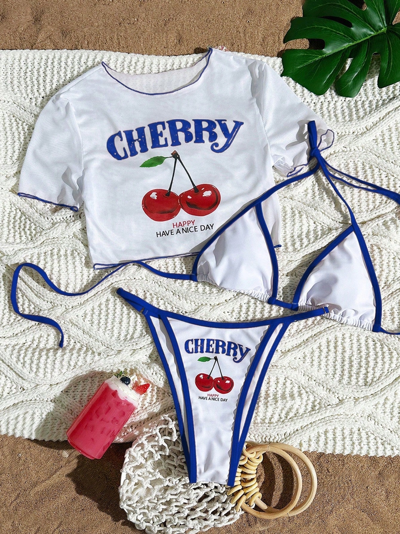 Women's Short Sleeve Slim Fit Two-Piece Swimsuit with Positioning Print Sexy Bikini Three-Piece Set
