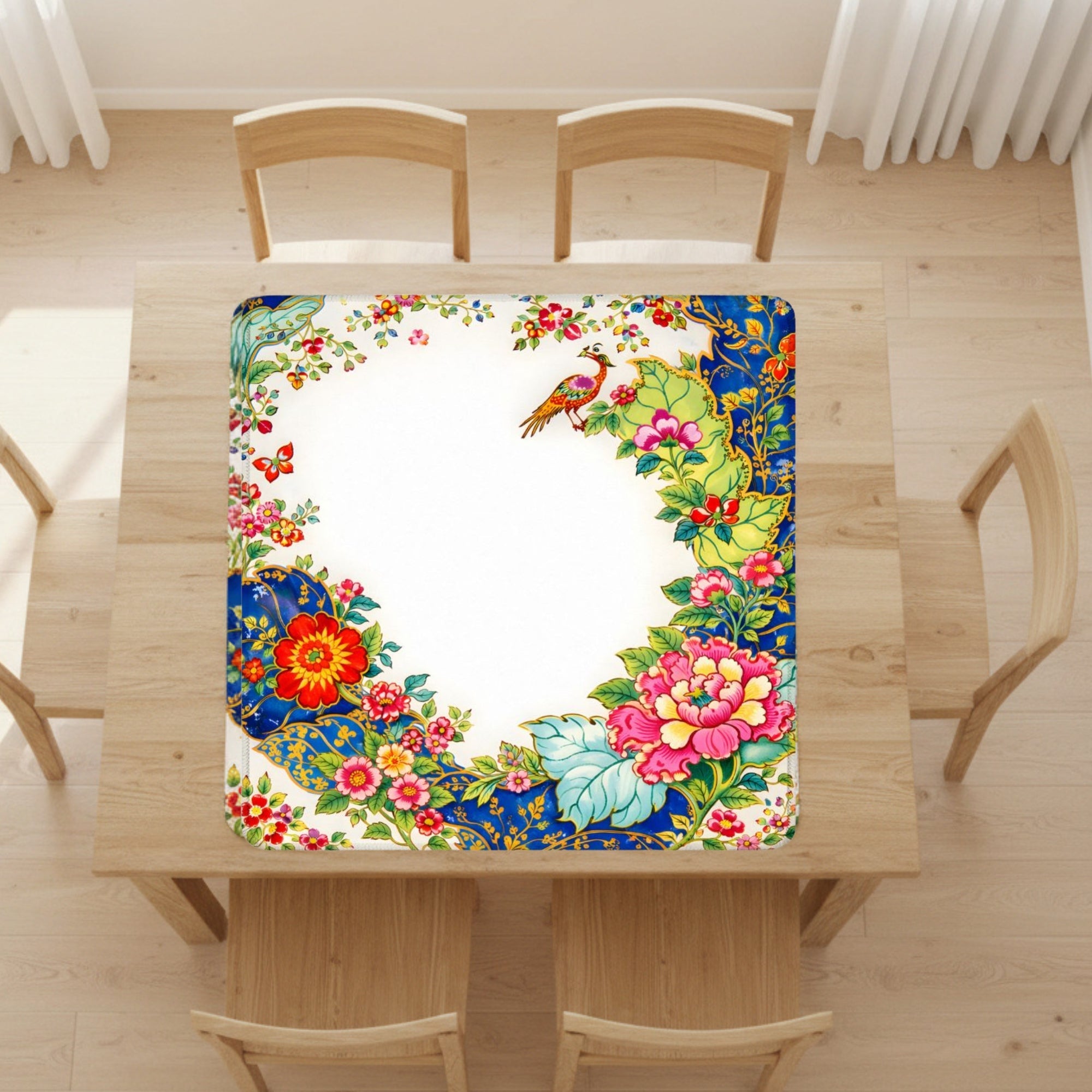 Asian Chinoiserie Tobacco Leaf Vibrant Floral Mahjong Mat