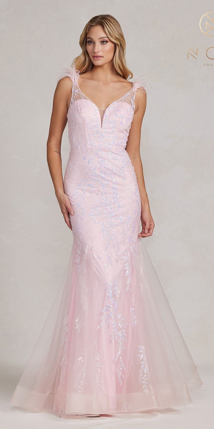 Nox Anabel T1208 Long Mermaid Gown with Feather Straps