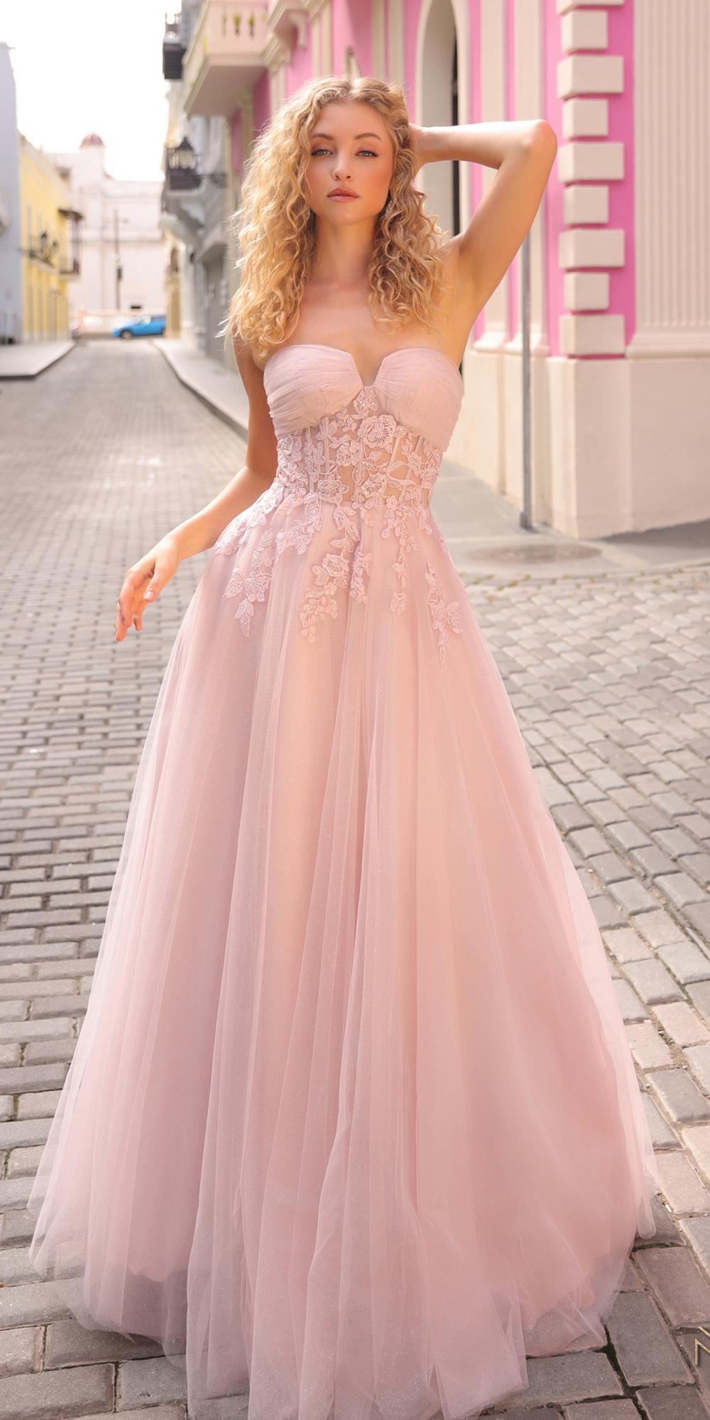 Nox Anabel T1326 Long Strapless Bonded Bodice Glitter Tulle A-Line Gown