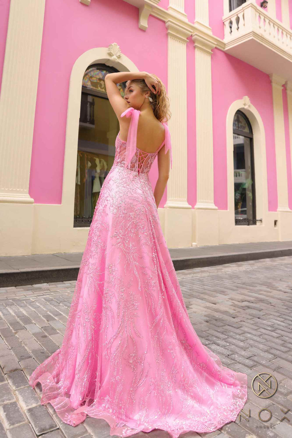 Nox Anabel T1336 Long A-Line Glitter Sequin Applique Corset Ball Gown