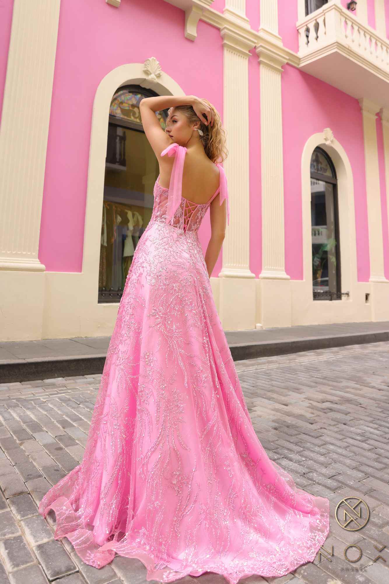 Nox Anabel T1336 Long A-Line Glitter Sequin Applique Corset Ball Gown