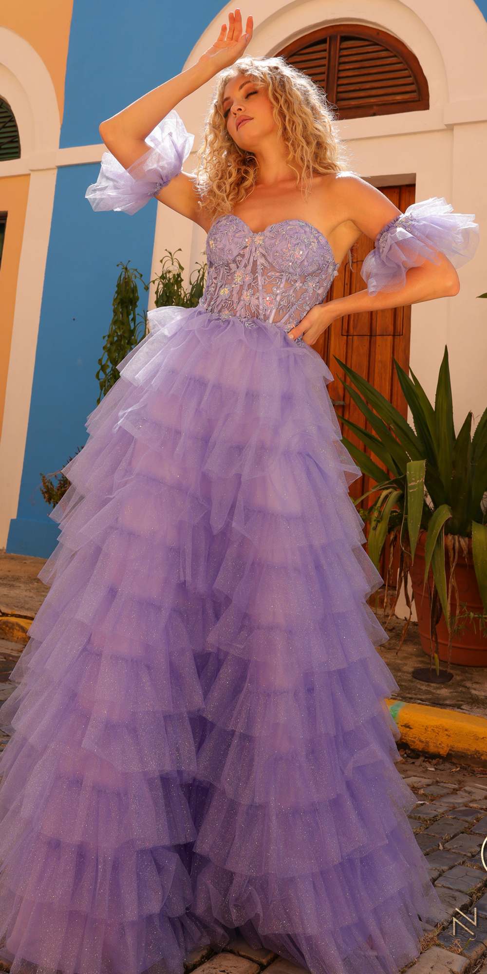 Nox Anabel T1338 Long Ruffled Tiered Skirt A-Line Ball Gown Arm Cuffs