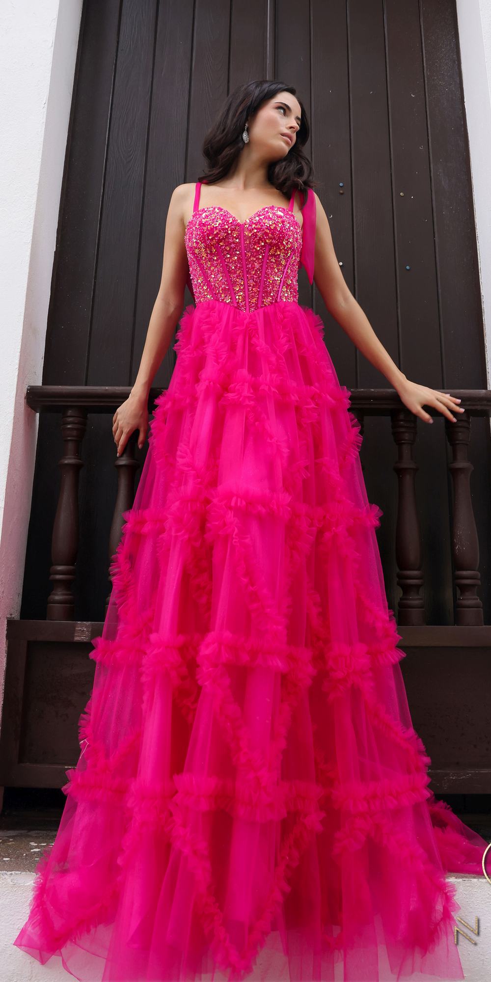 Nox Anabel T1340 Long Ruffled Skirt Boned Bustier Ribbon Strap A-Line Gown