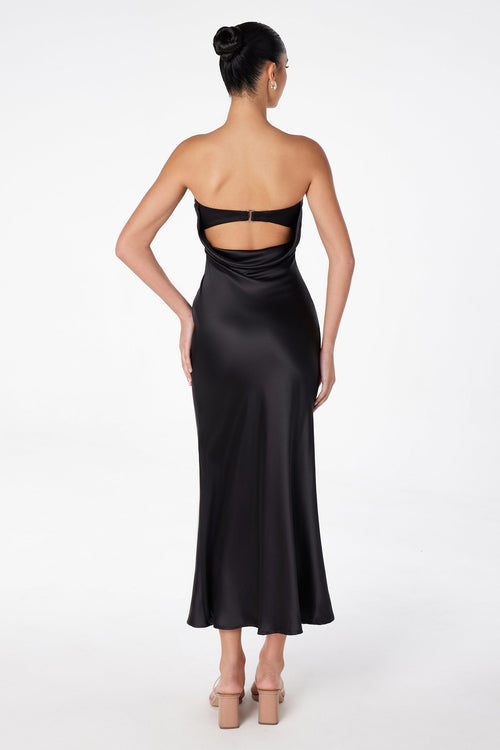 Astee T2006 Tea Length Satin Dress Cut Out Cowl-Like Back