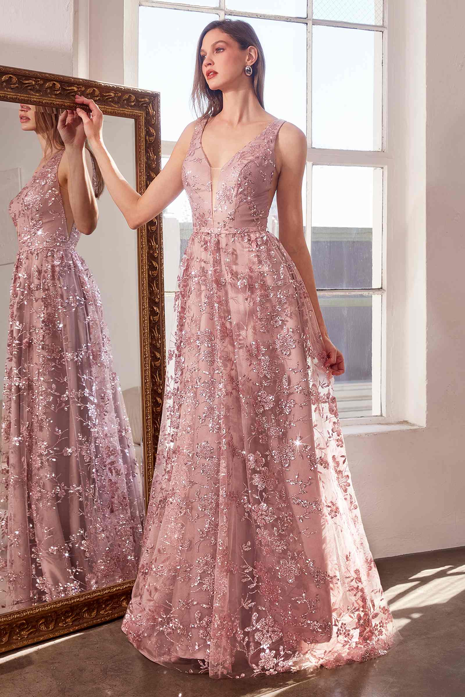 Ladivine Amoris T606 Long Sleeveless Glitter Print A-Line Gown