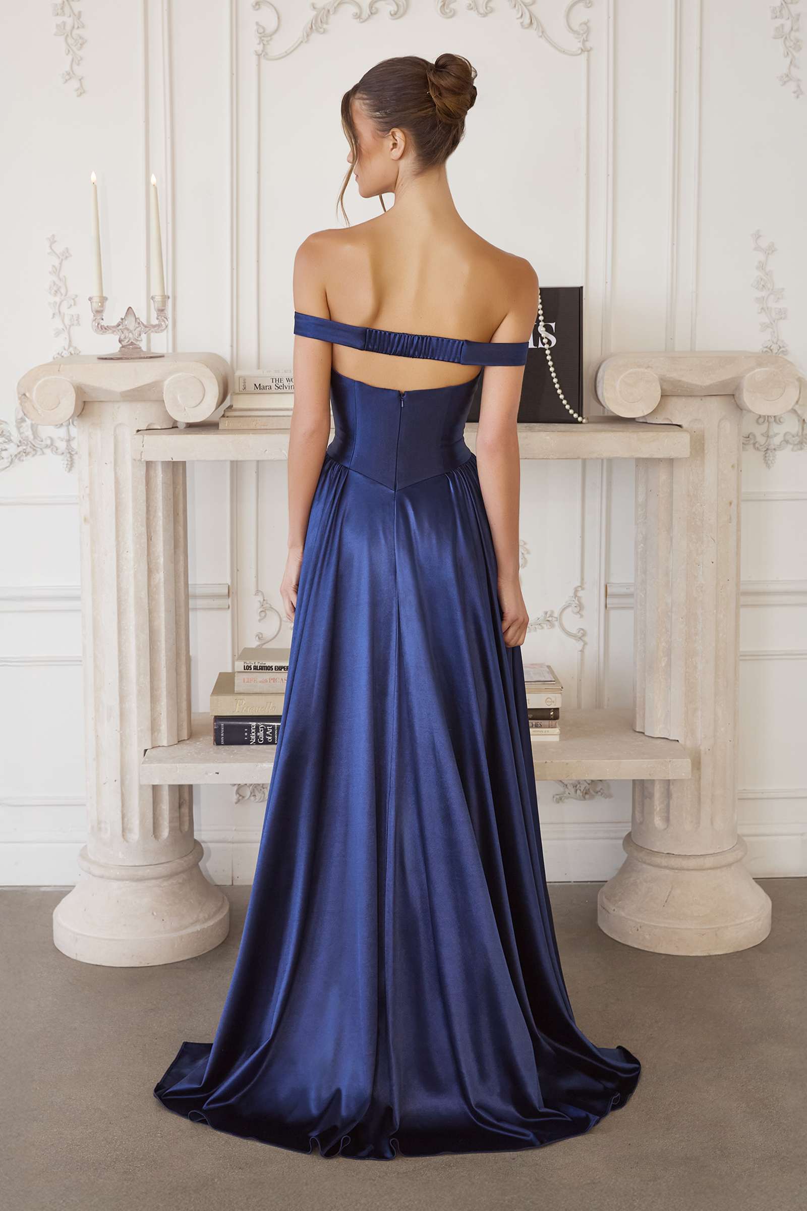 Amoris T821 Off Shoulder Sweetheart Neck Satin A-Line Dress