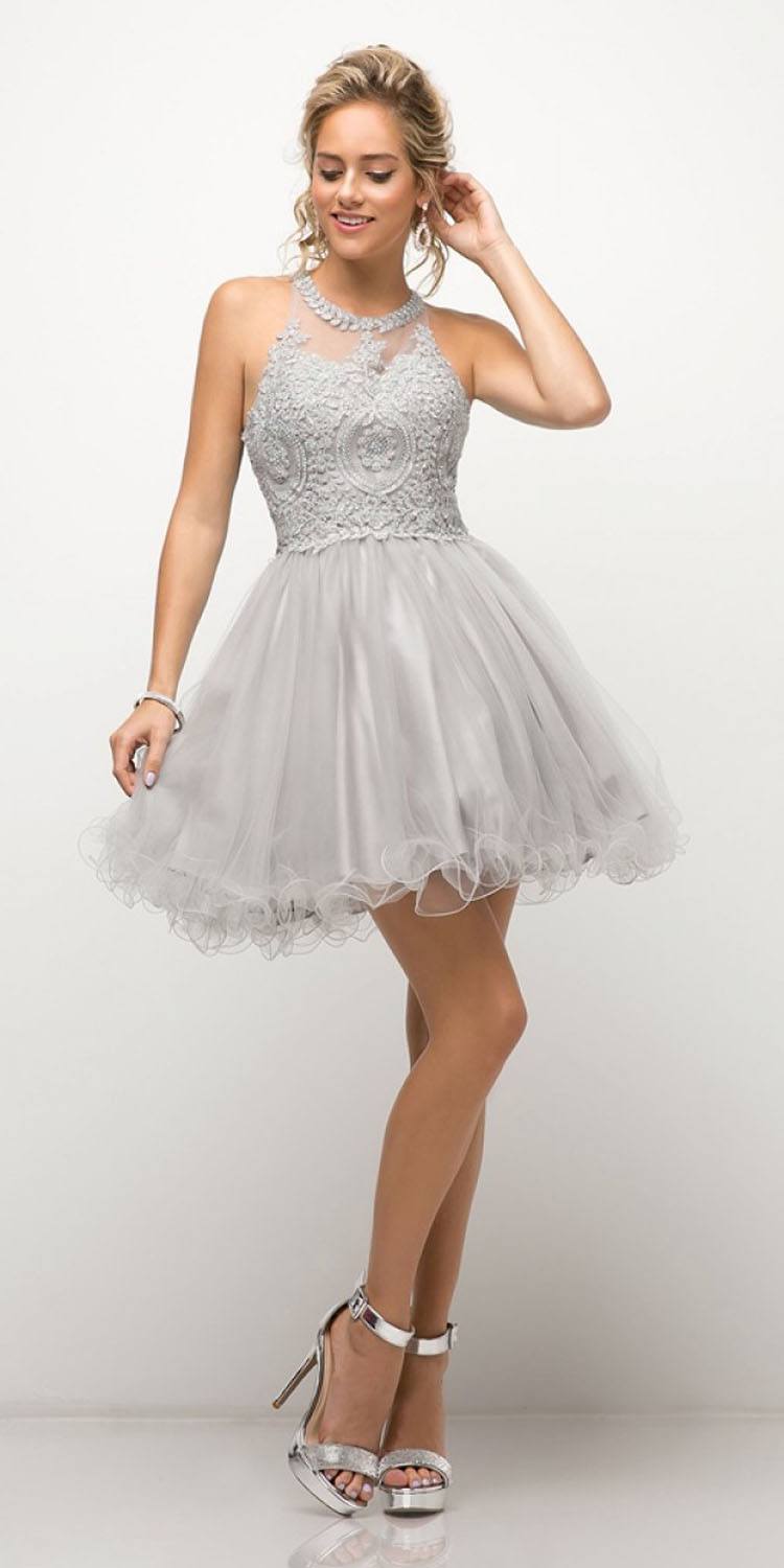 Ladivine UJ0119 Short Appliqued Bodice Halter Tulle Skirt Dress