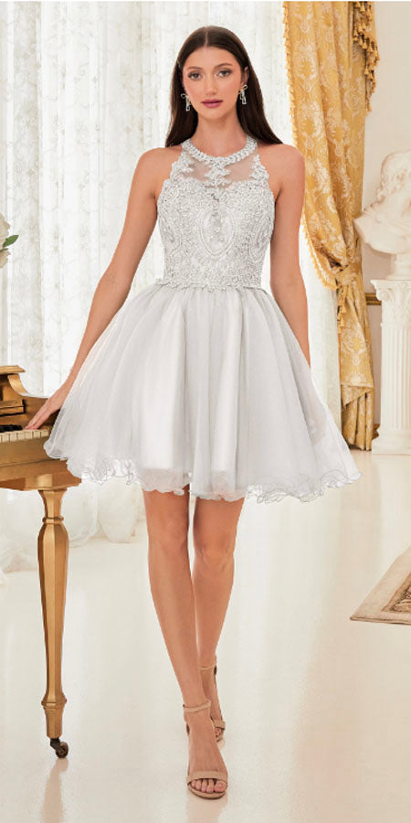 Ladivine UJ0119 Short Appliqued Bodice Halter Tulle Skirt Dress