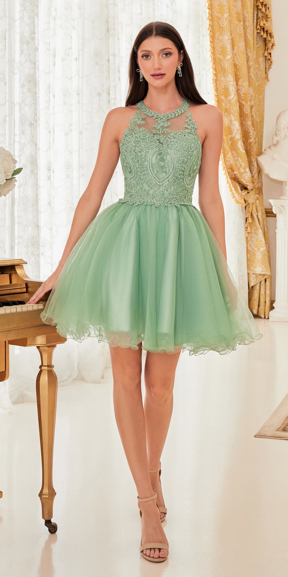 Ladivine UJ0119 Short Appliqued Bodice Halter Tulle Skirt Dress