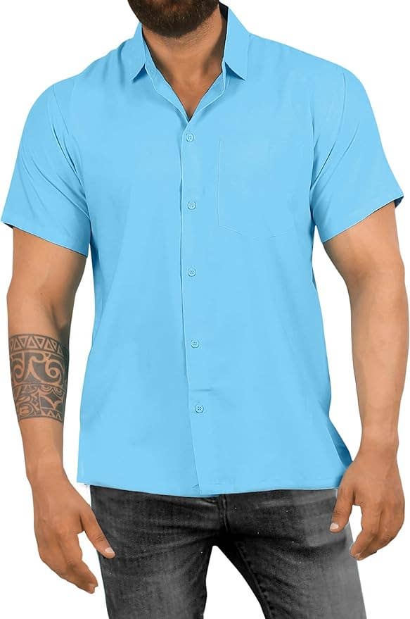 Coastal Cool: Solid Sky Blue Men's Camp Shirt P00457