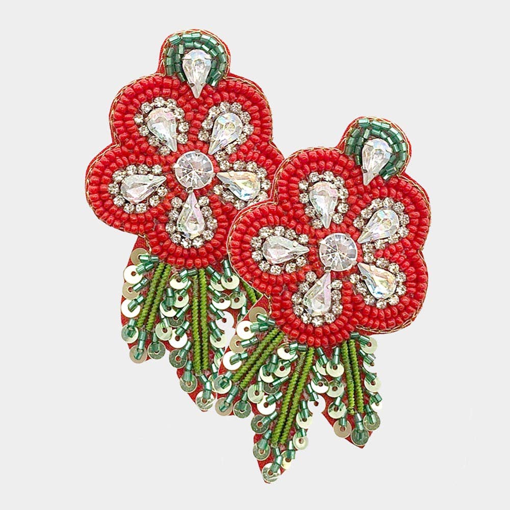 Felt Back Sequin Stone Embellished Seed Beaded Flower Leaf Earrings