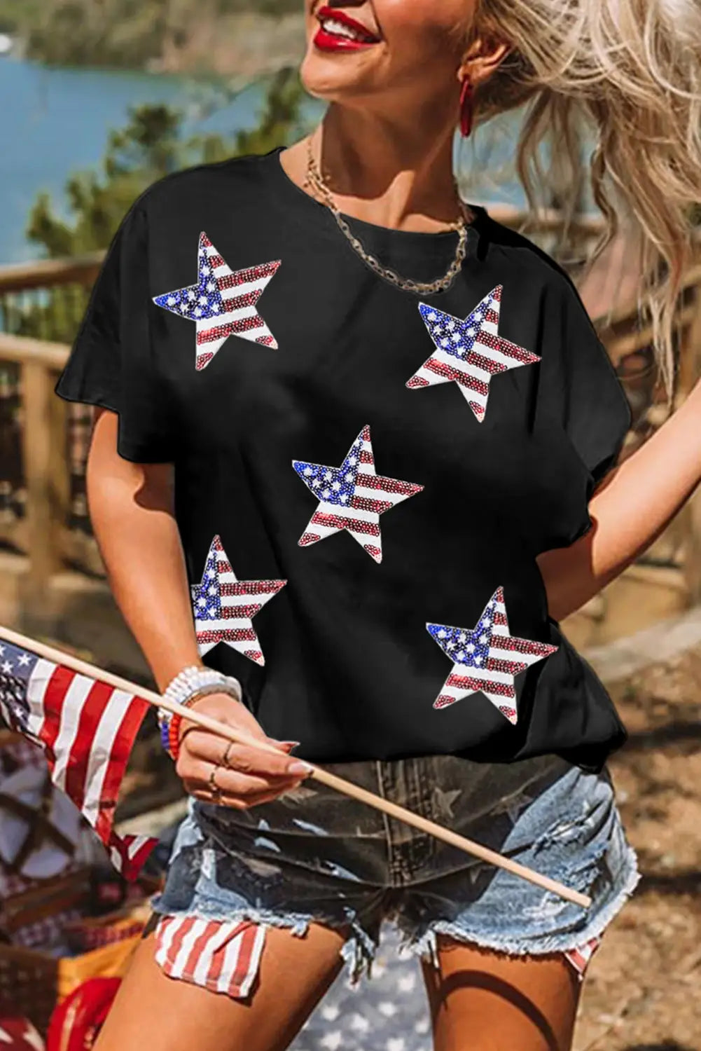 Multicolor Sequined American Flag Star Graphic T Shirt