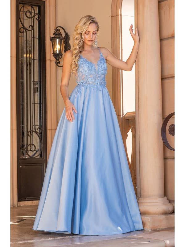 Satin Ball Gown Embellished Lace Prom Dress