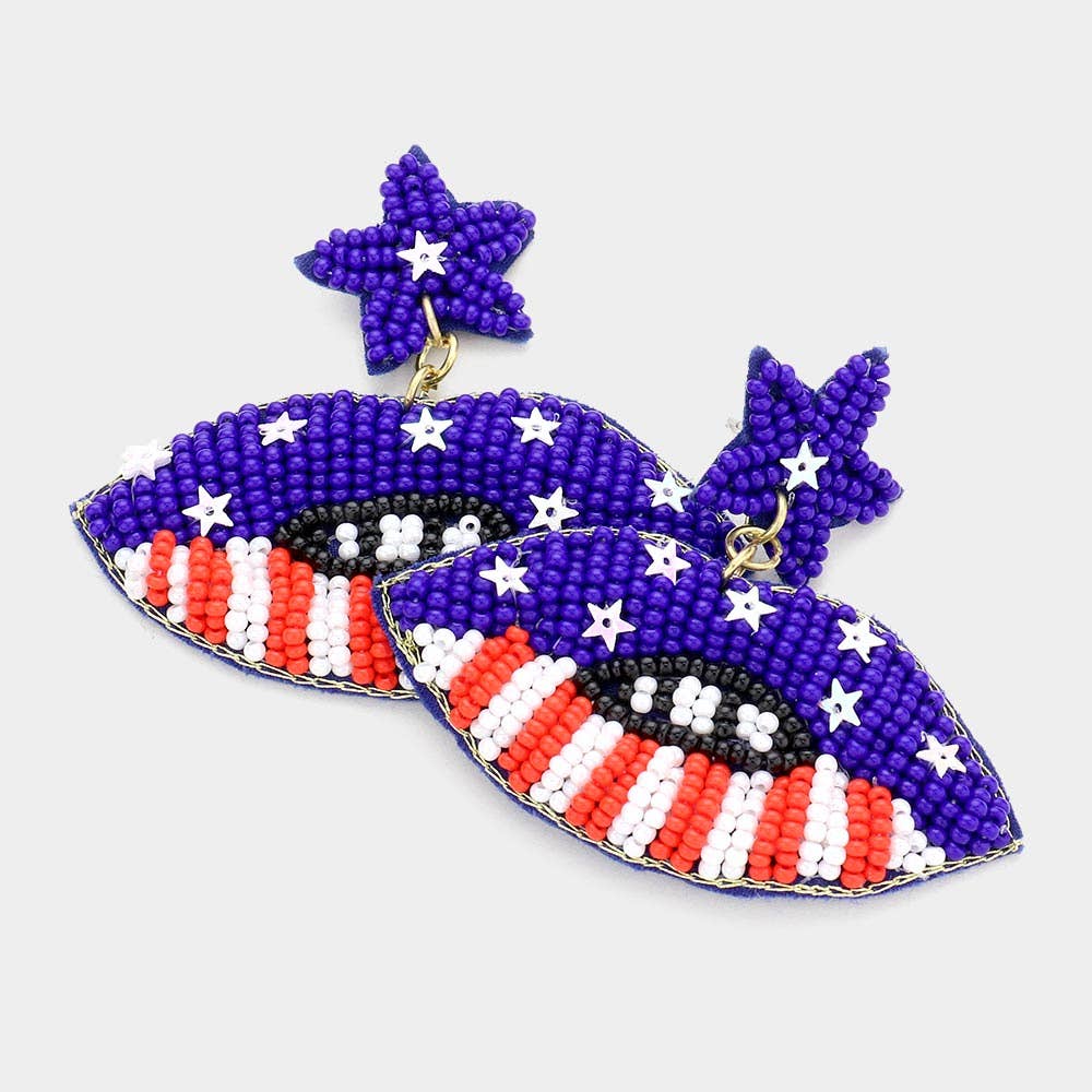 Felt Back Seed Beaded American USA Flag Lip Dangle Earrings