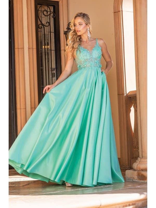 Satin Ball Gown Embellished Lace Prom Dress