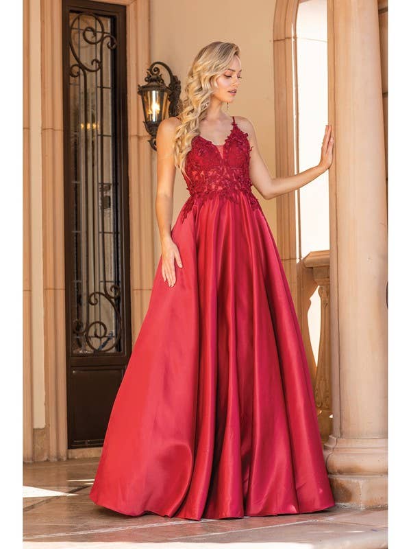 Satin Ball Gown Embellished Lace Prom Dress