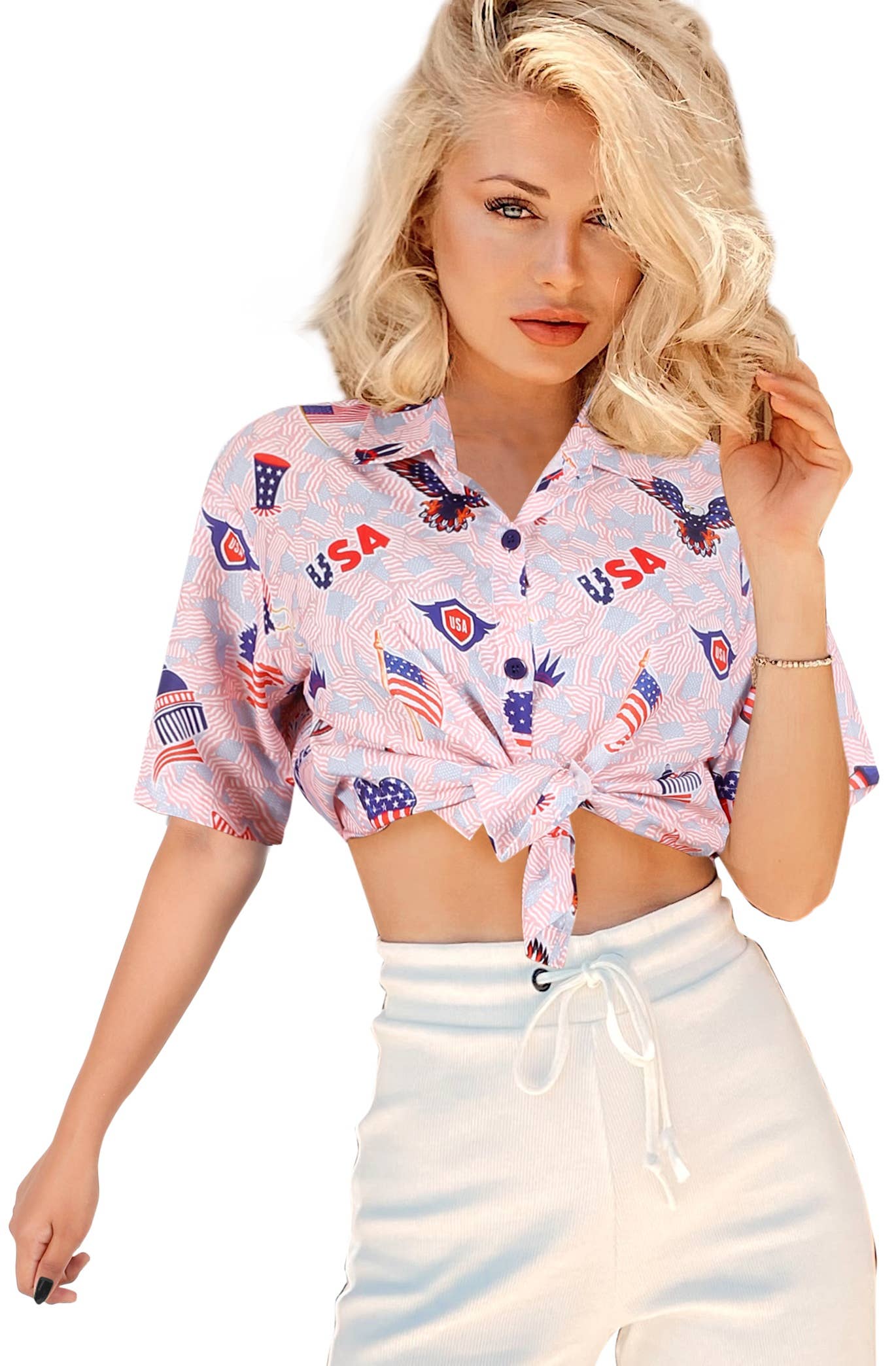 HAPPY BAY Women's Hawaiian Shirt US FLAG L-RED P07113