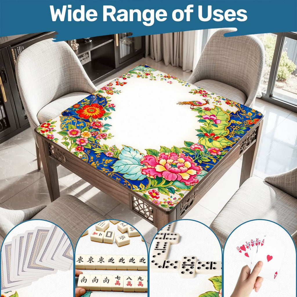 Asian Chinoiserie Tobacco Leaf Vibrant Floral Mahjong Mat