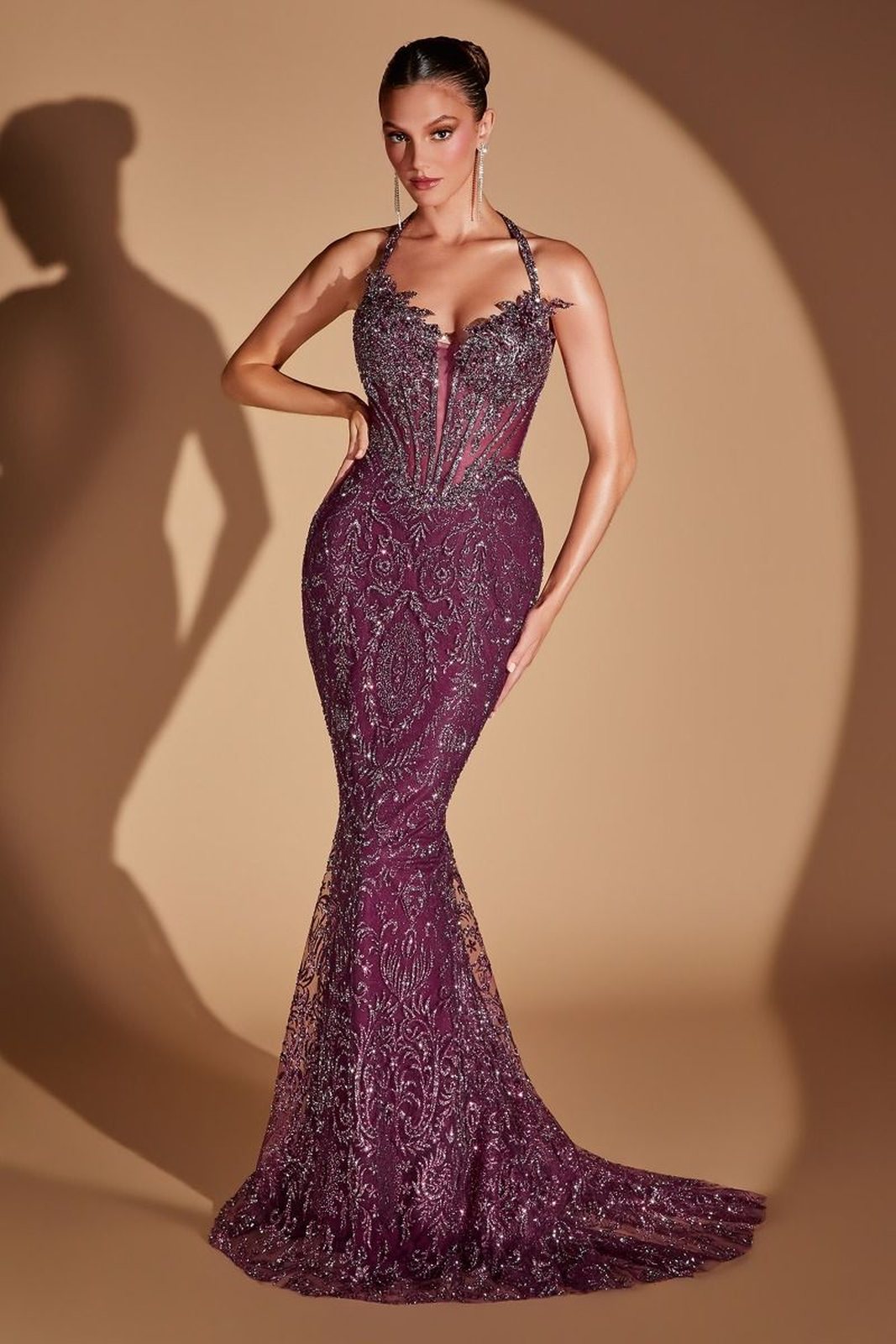 Ladivine CD695 Halter Neck Crystal Sequin Plunging Mermaid Dress