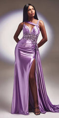 Cinderella Divine CDS415 Long Fitted Satin Gown with Lace Detail and Slit
