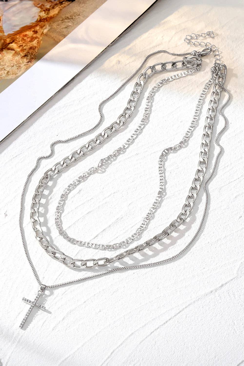 Gold Plated Cross Pendant Multi Layer Stacked Chains Necklace